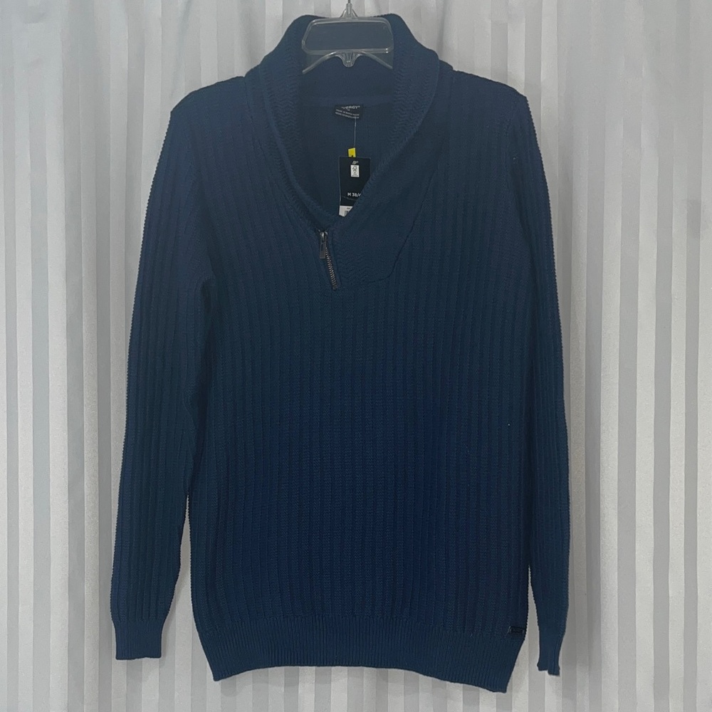 Men's Shawl Zip Collar Ribbed Pullover Sweater in Deep Navy NWT